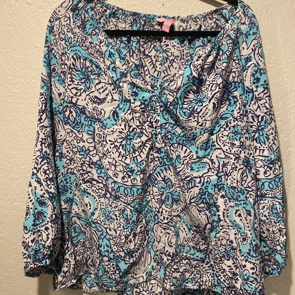 Lily Pulitzer elephant print blouse Marvells blouse long sleeve v neck button
